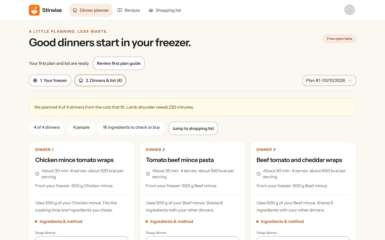 The Stirwise web app showing four planned dinners from the packs in the freezer