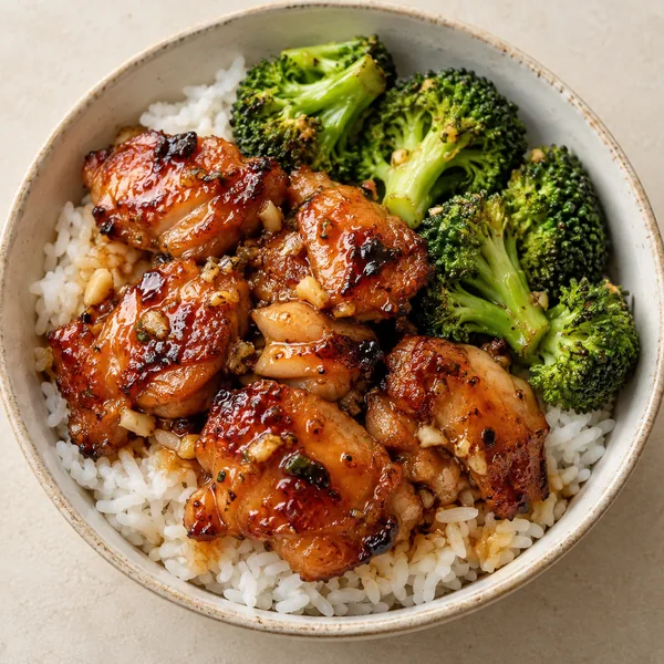 A bowl of glazed chicken, rice and broccoli